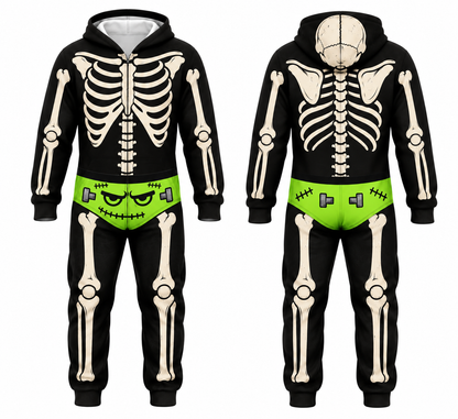 Funny Halloween Skeleton Onesie – Men’s Bone Print Hooded Jumpsuit Costume