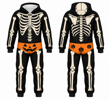 Funny Halloween Skeleton Onesie – Men’s Bone Print Hooded Jumpsuit Costume