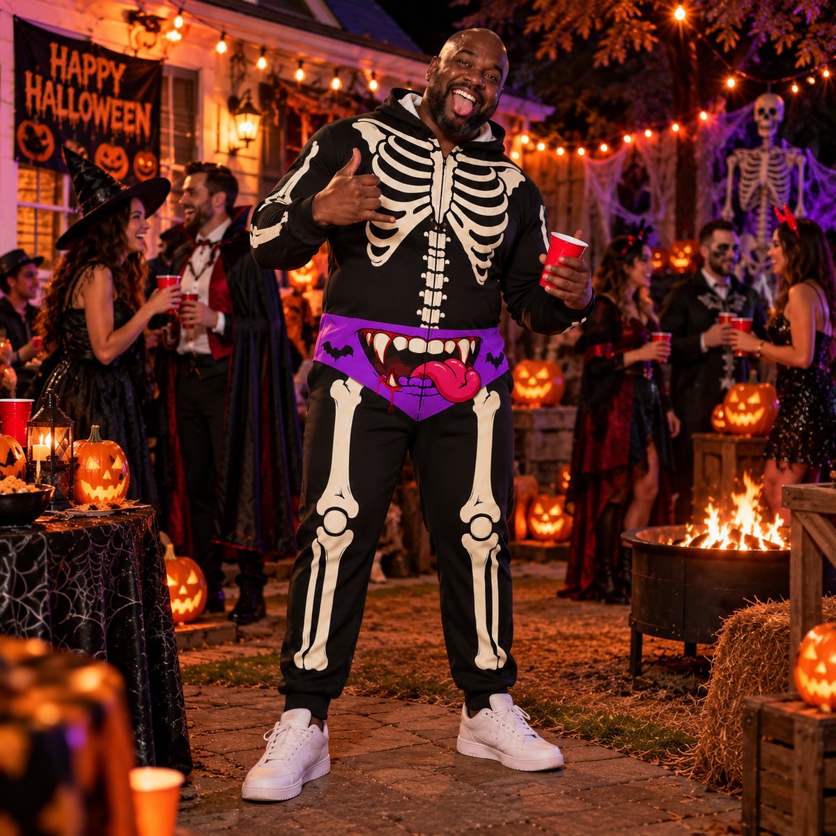 Funny Halloween Skeleton Onesie – Men’s Bone Print Hooded Jumpsuit Costume