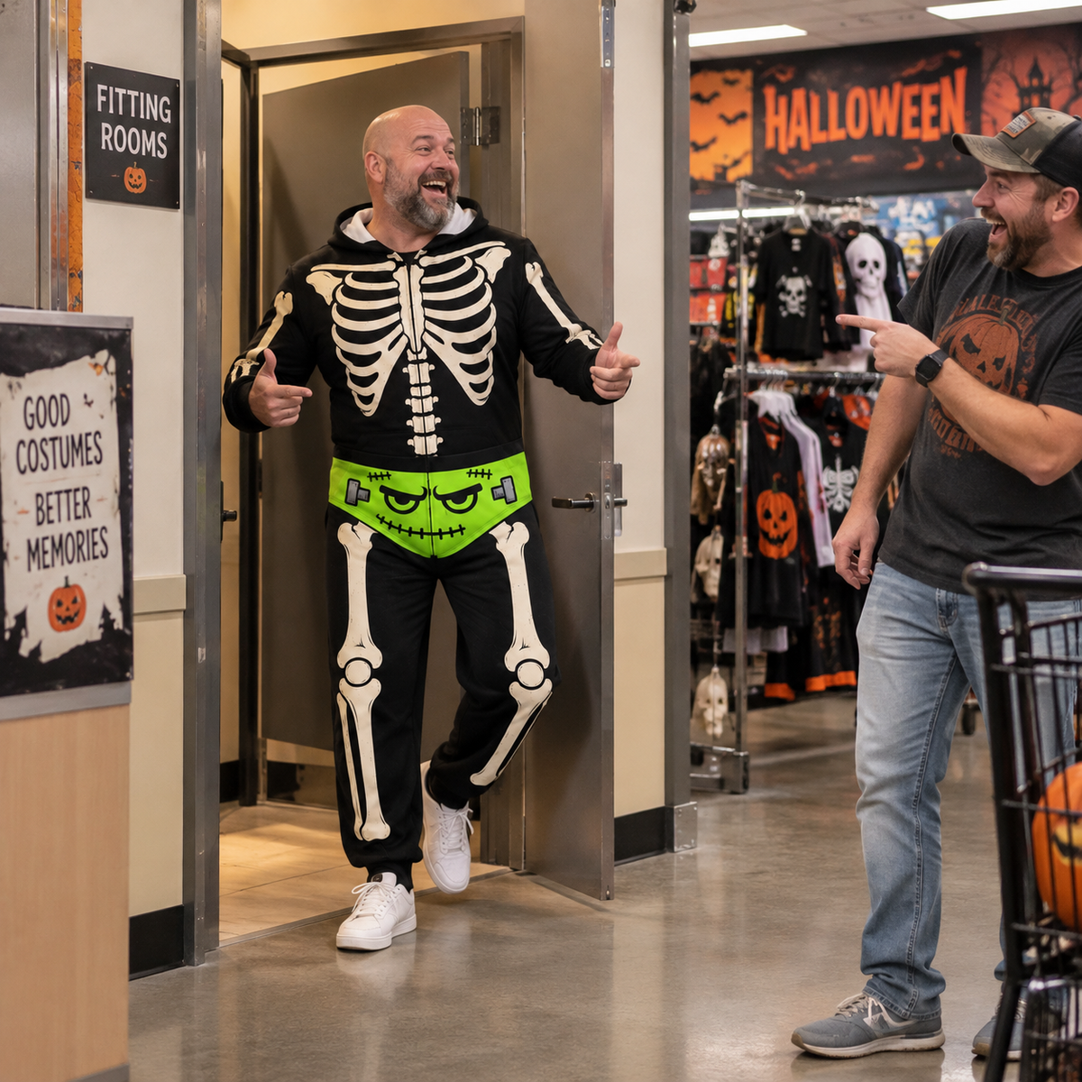 Funny Halloween Skeleton Onesie – Men’s Bone Print Hooded Jumpsuit Costume