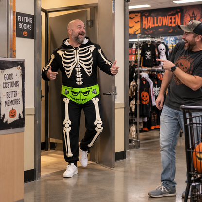 Funny Halloween Skeleton Onesie – Men’s Bone Print Hooded Jumpsuit Costume