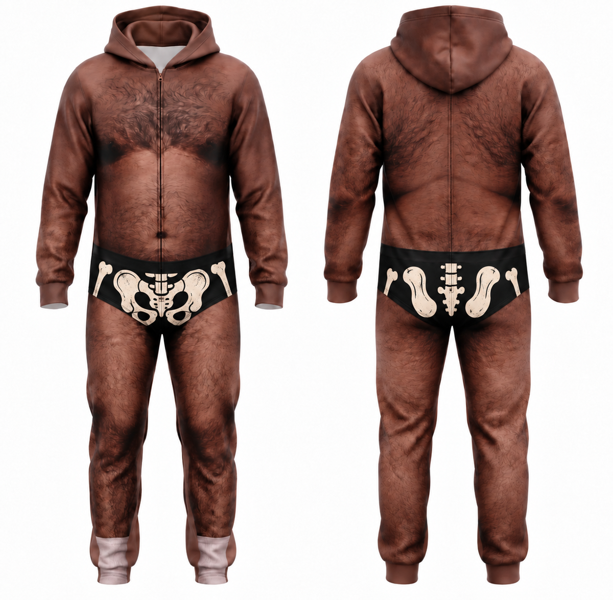 Funny Halloween Adult Onesie Jumpsuit – Hairy Body Skeleton Costume, Novelty Hooded Halloween Outfit for Men
