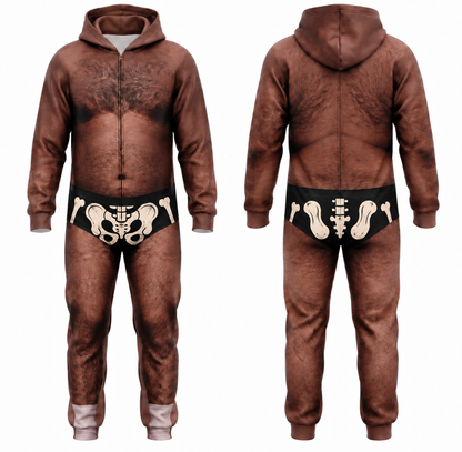 Funny Halloween Adult Onesie Jumpsuit – Hairy Body Skeleton Costume, Novelty Hooded Halloween Outfit for Men