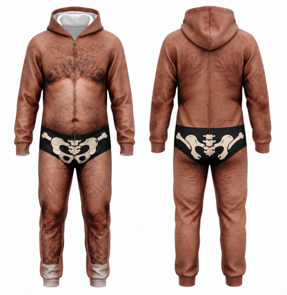 Funny Halloween Adult Onesie Jumpsuit – Hairy Body Skeleton Costume, Novelty Hooded Halloween Outfit for Men