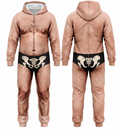 Funny Halloween Adult Onesie Jumpsuit – Hairy Body Skeleton Costume, Novelty Hooded Halloween Outfit for Men