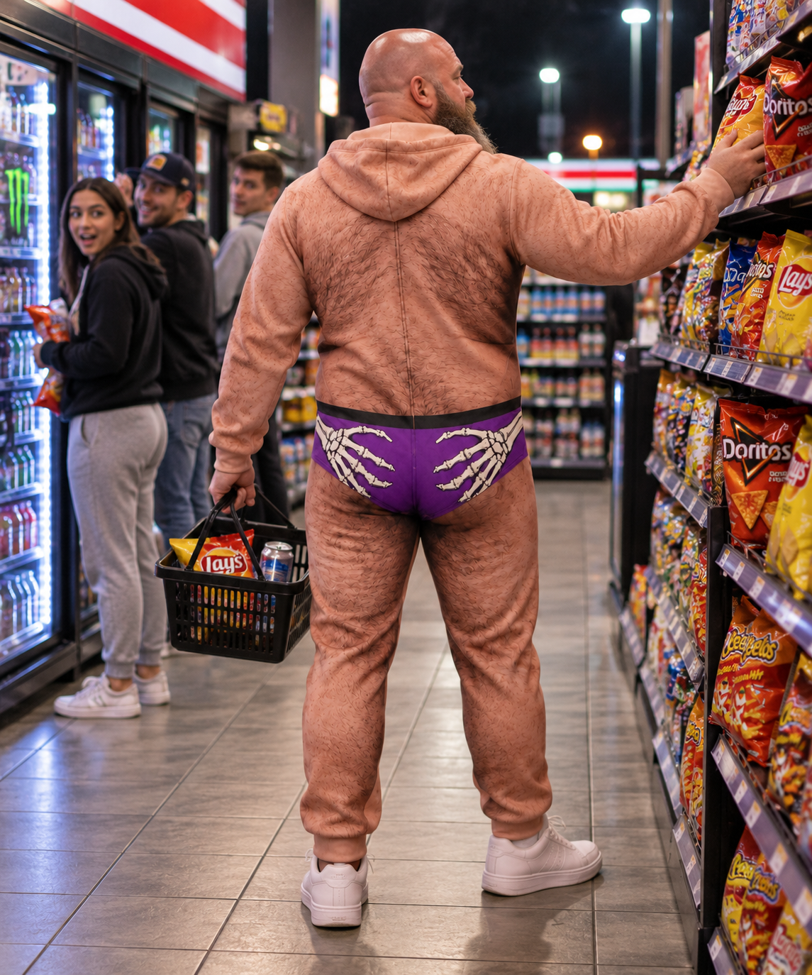 Funny Halloween Skeleton Hands Onesie – Men’s 3D Body Illusion Hooded Jumpsuit, Purple Costume Pajamas