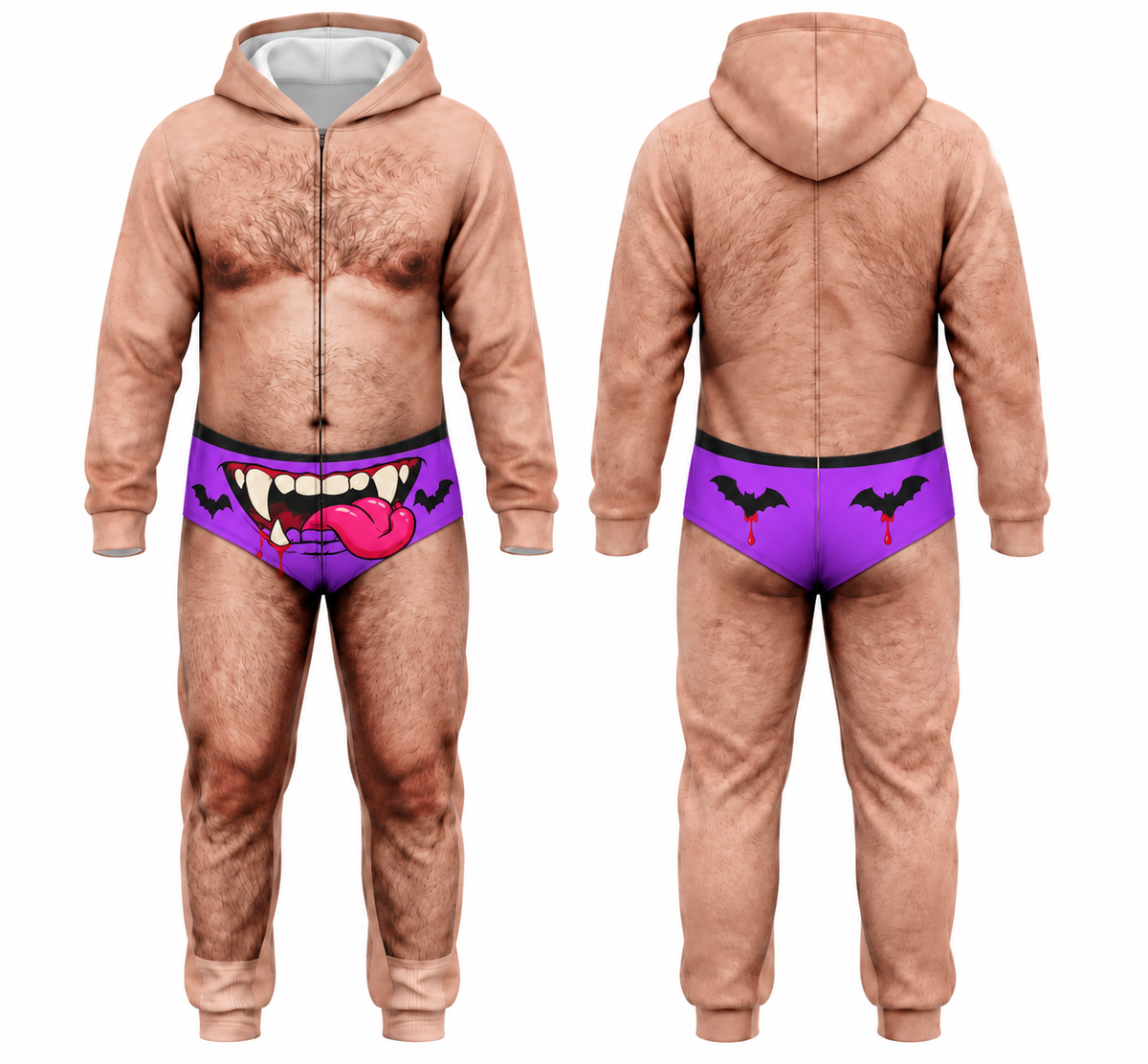 Men’s Funny Halloween Vampire Onesie – Hairy Body Illusion Hooded Jumpsuit Costume