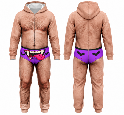 Men’s Funny Halloween Vampire Onesie – Hairy Body Illusion Hooded Jumpsuit Costume