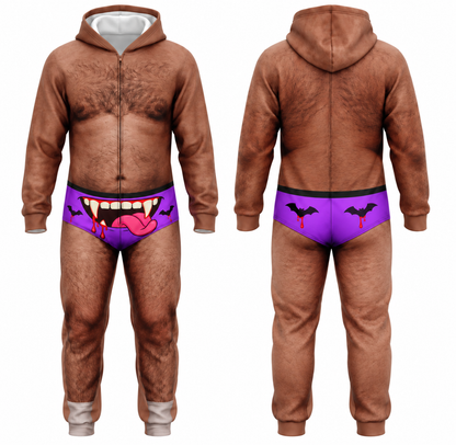 Men’s Funny Halloween Vampire Onesie – Hairy Body Illusion Hooded Jumpsuit Costume