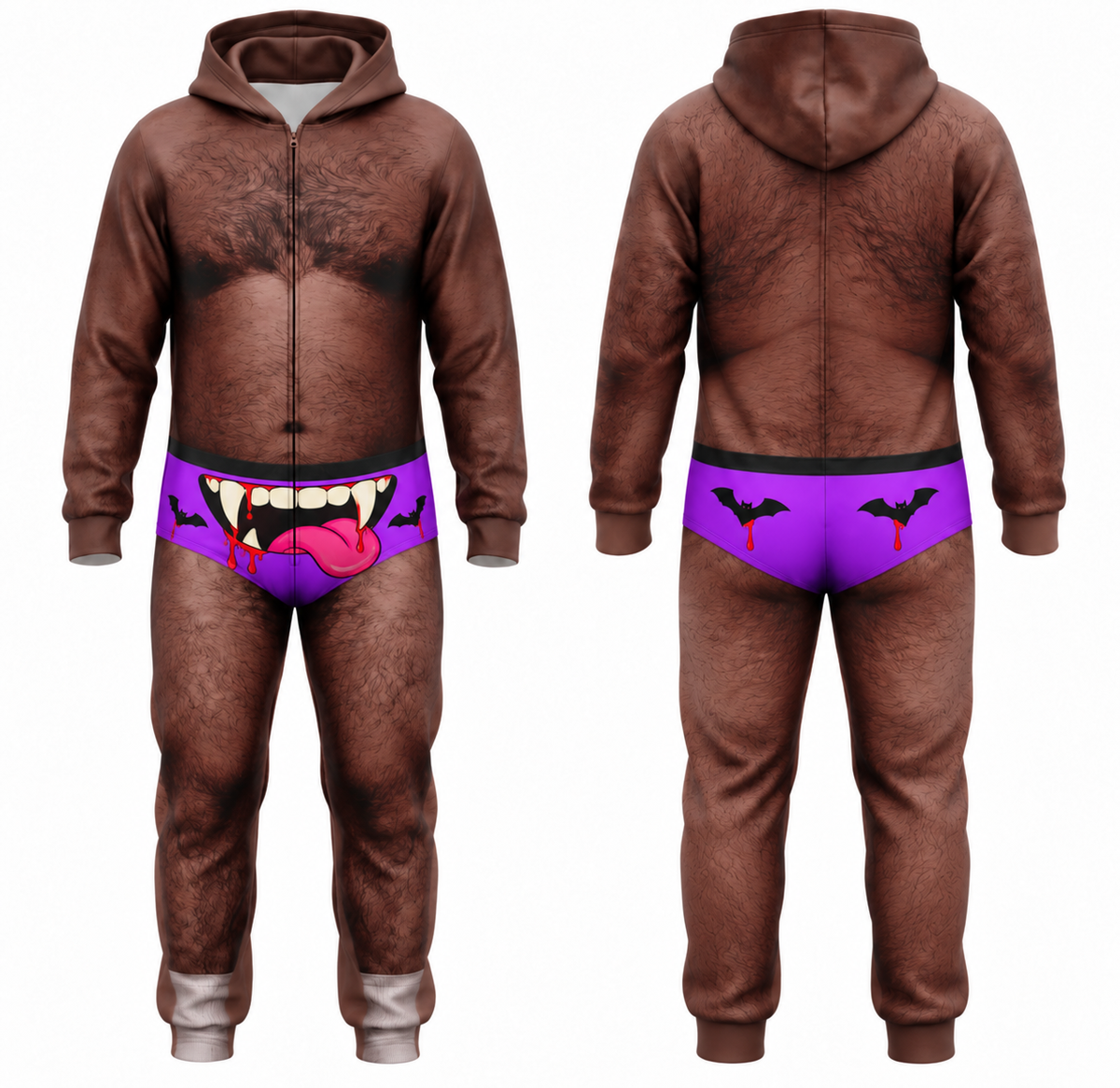 Men’s Funny Halloween Vampire Onesie – Hairy Body Illusion Hooded Jumpsuit Costume