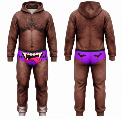 Men’s Funny Halloween Vampire Onesie – Hairy Body Illusion Hooded Jumpsuit Costume