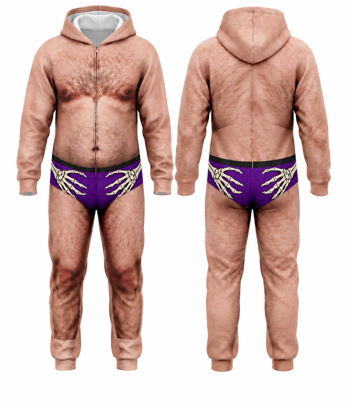 Funny Halloween Skeleton Hands Onesie – Men’s 3D Body Illusion Hooded Jumpsuit, Purple Costume Pajamas