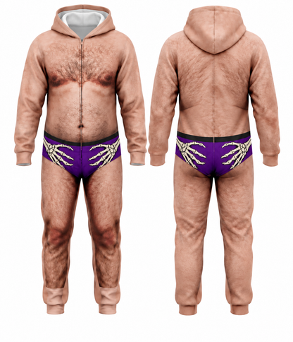 Funny Halloween Skeleton Hands Onesie – Men’s 3D Body Illusion Hooded Jumpsuit, Purple Costume Pajamas
