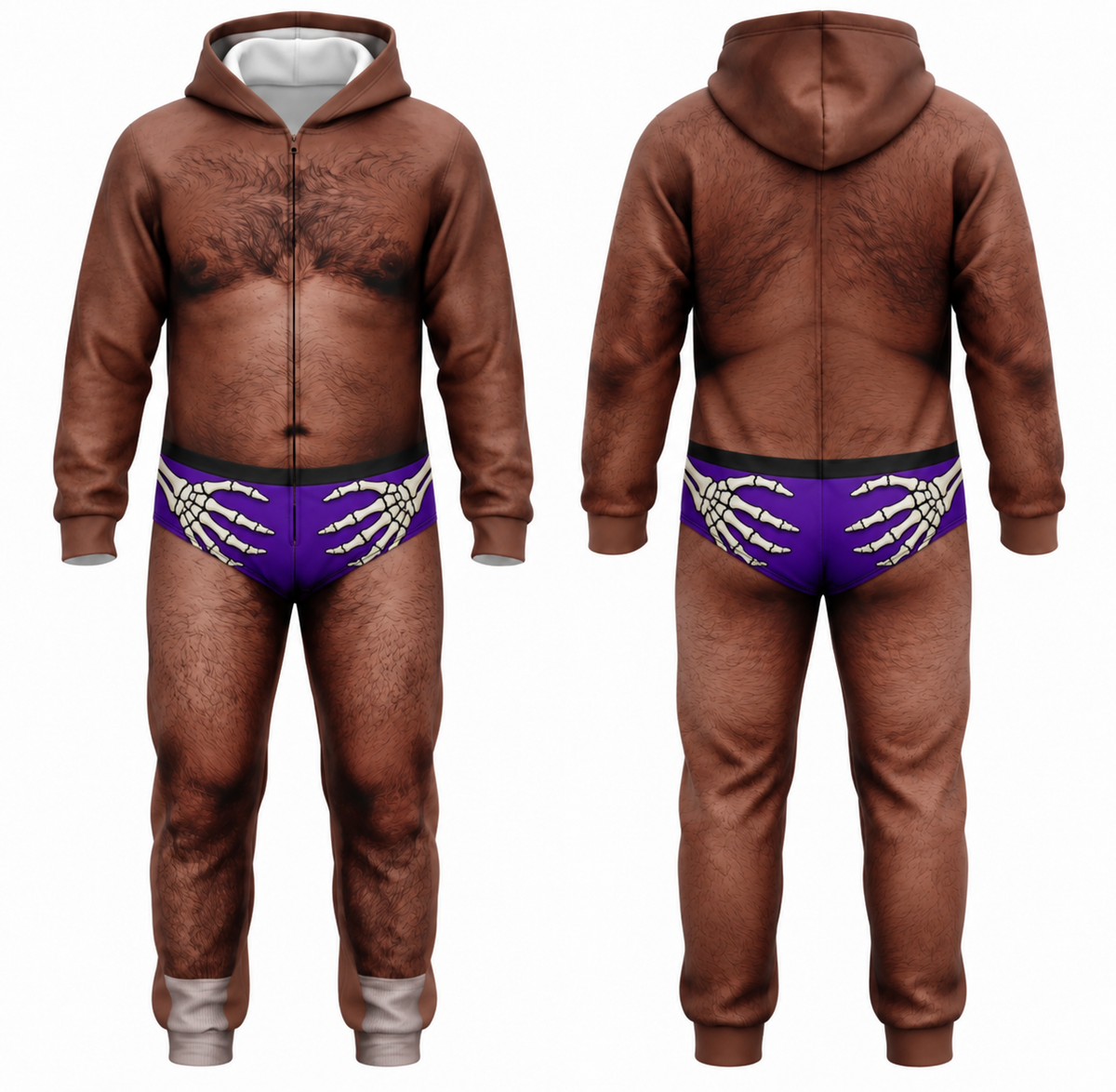 Funny Halloween Skeleton Hands Onesie – Men’s 3D Body Illusion Hooded Jumpsuit, Purple Costume Pajamas
