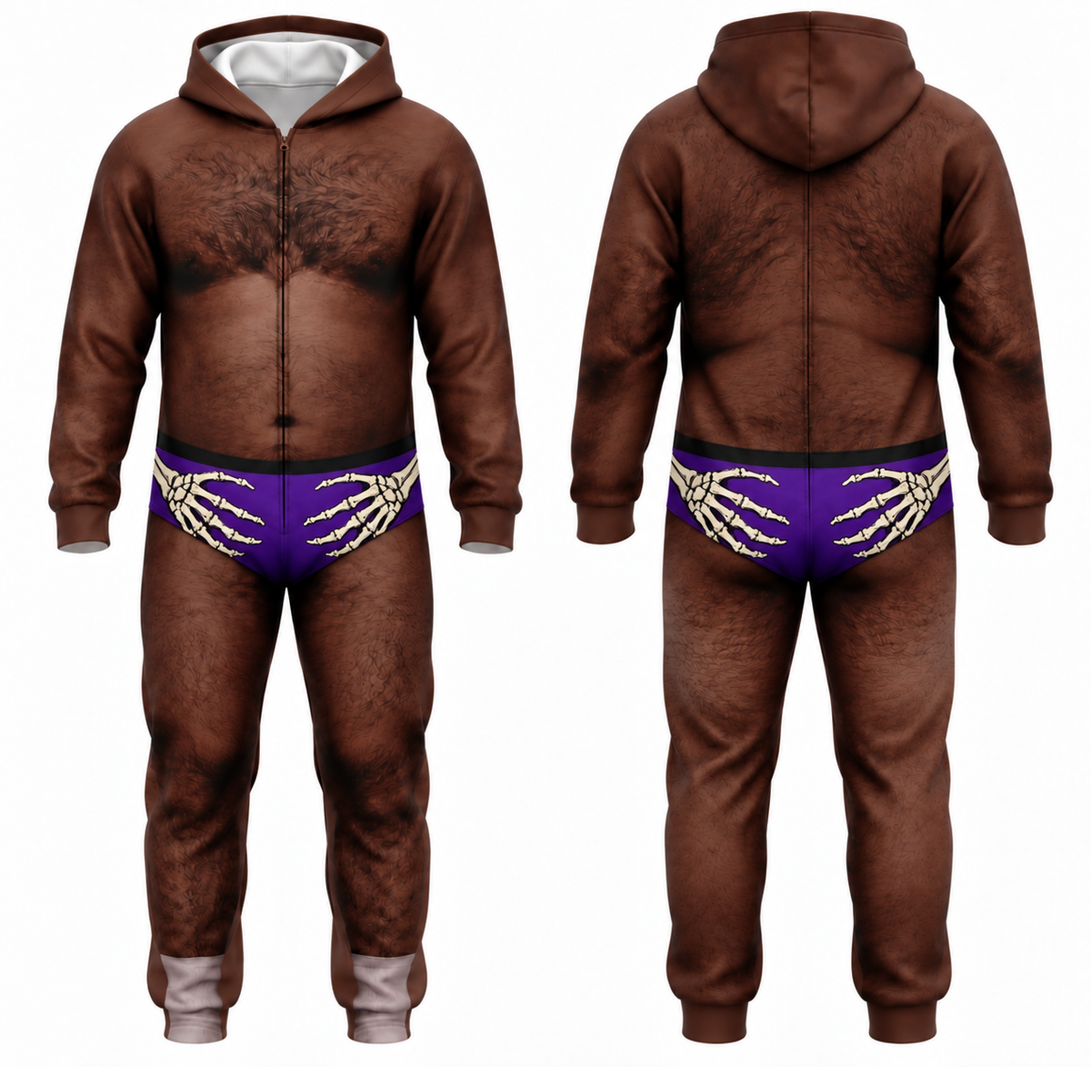 Funny Halloween Skeleton Hands Onesie – Men’s 3D Body Illusion Hooded Jumpsuit, Purple Costume Pajamas
