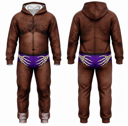 Funny Halloween Skeleton Hands Onesie – Men’s 3D Body Illusion Hooded Jumpsuit, Purple Costume Pajamas