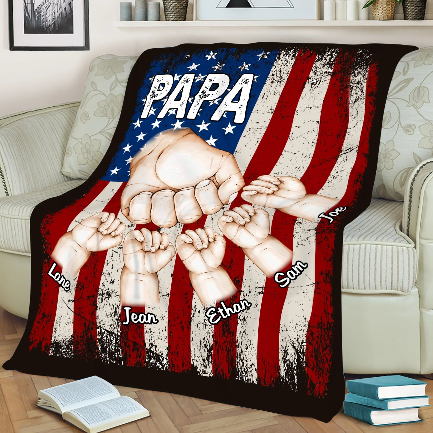 Personalized Papa American Flag Blanket, Papa With Kids Fist Bump Blanket, Custom Father's Day Blanket