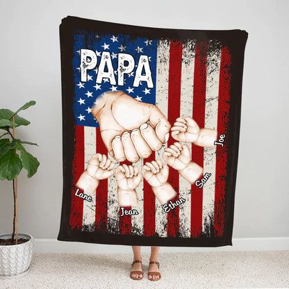 Personalized Papa American Flag Blanket, Papa With Kids Fist Bump Blanket, Custom Father's Day Blanket