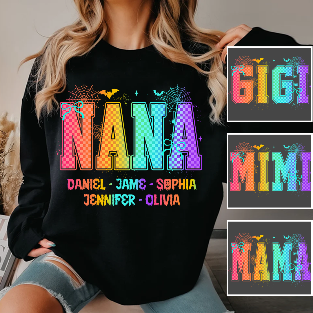 Checkered Halloween Drip Neon Nana And Grandkids Shirt