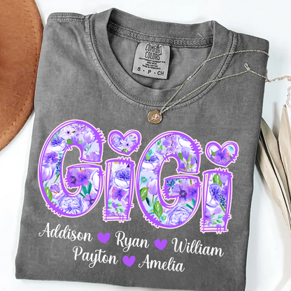 Comfort Colors® Gigi Purple Flower Gigi And Grandkids Personalized T-Shirt