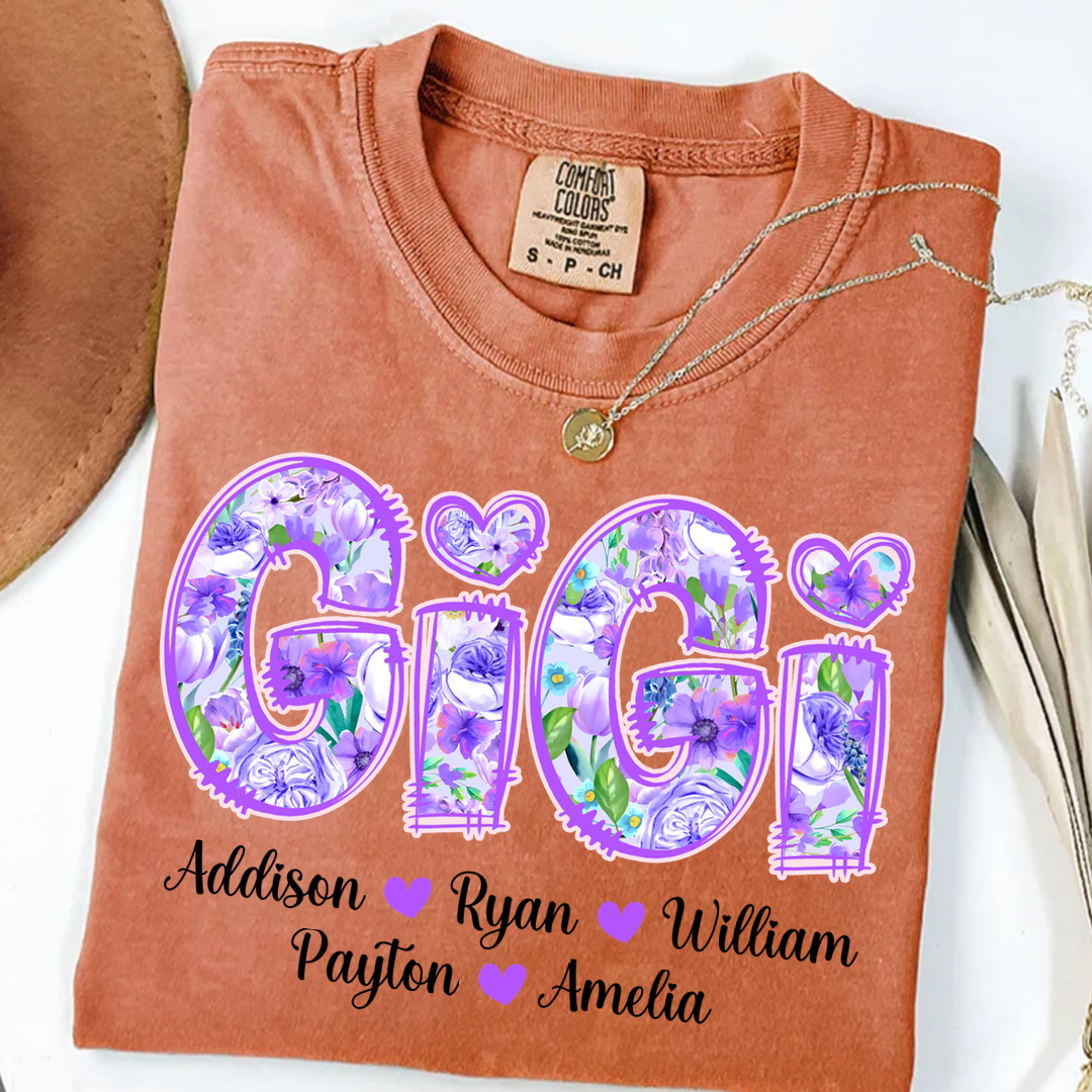 Comfort Colors® Gigi Purple Flower Gigi And Grandkids Personalized T-Shirt