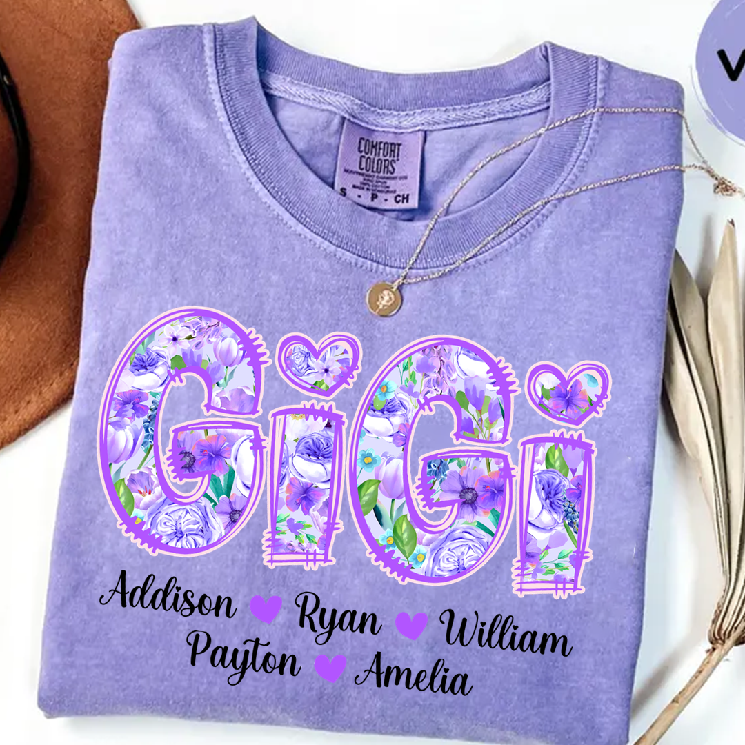 Comfort Colors® Gigi Purple Flower Gigi And Grandkids Personalized T-Shirt