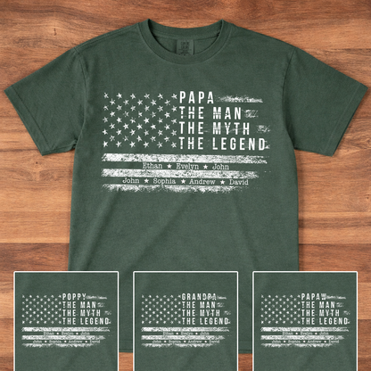 Comfort Colors Personalized Papa The Man The Myth The Legend Shirt – Custom Dad Gift with Kids Names and American Flag Design