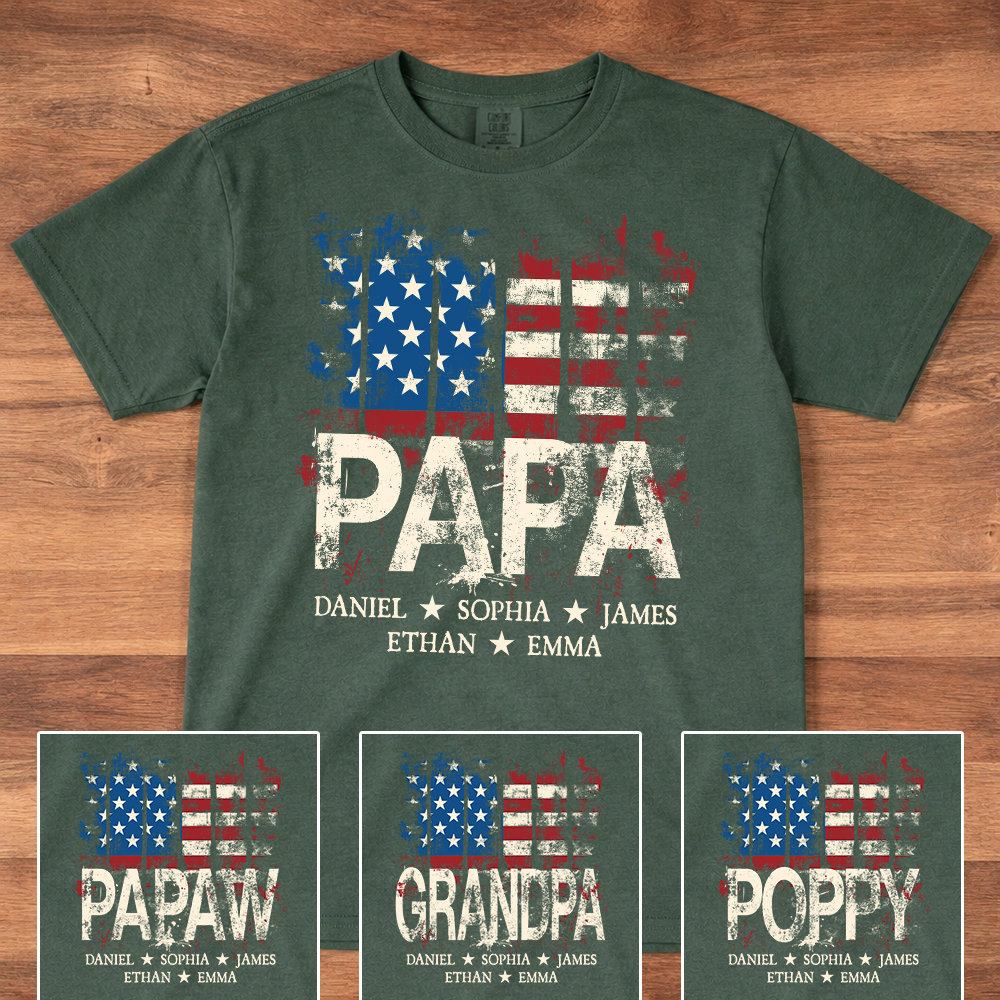 Comfort Colors® Papa American Flag Shirt With Name, Personalized Dad T Shirt Patriotic Style