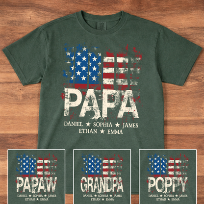 Comfort Colors® Papa American Flag Shirt With Name, Personalized Dad T Shirt Patriotic Style