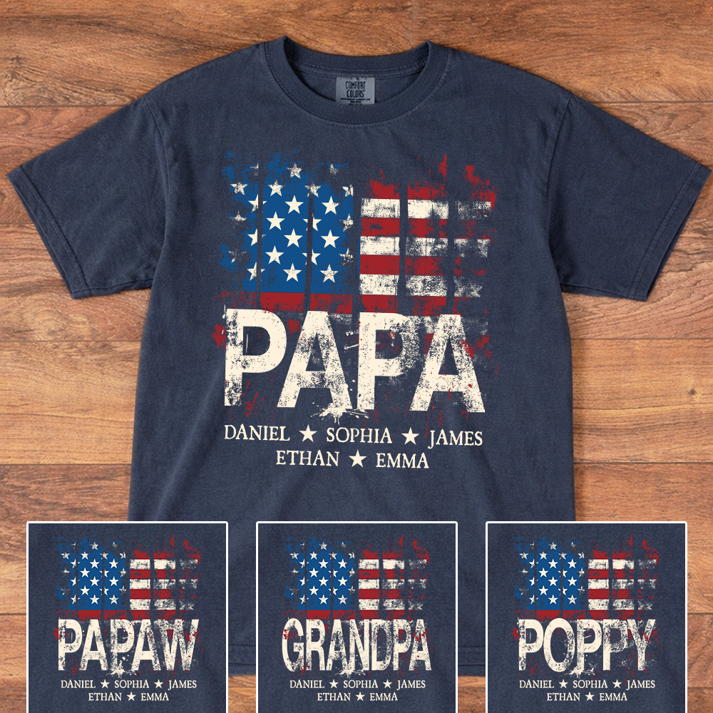 Comfort Colors® Papa American Flag Shirt With Name, Personalized Dad T Shirt Patriotic Style