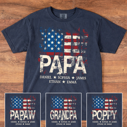 Comfort Colors® Papa American Flag Shirt With Name, Personalized Dad T Shirt Patriotic Style
