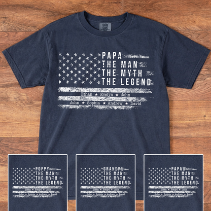 Comfort Colors Personalized Papa The Man The Myth The Legend Shirt – Custom Dad Gift with Kids Names and American Flag Design