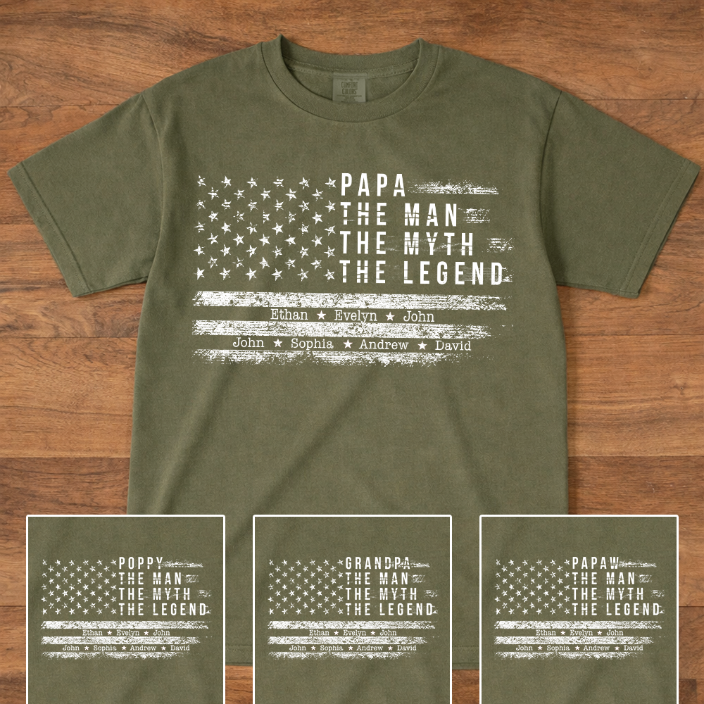 Comfort Colors Personalized Papa The Man The Myth The Legend Shirt – Custom Dad Gift with Kids Names and American Flag Design