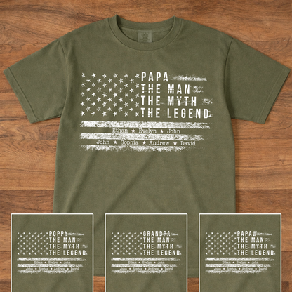 Comfort Colors Personalized Papa The Man The Myth The Legend Shirt – Custom Dad Gift with Kids Names and American Flag Design