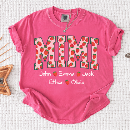 Comfort Colors® Personalized Mimi Strawberry Shirt, Custom Grandma Shirt with Grandkids Names, Cute Strawberry Graphic T-Shirt