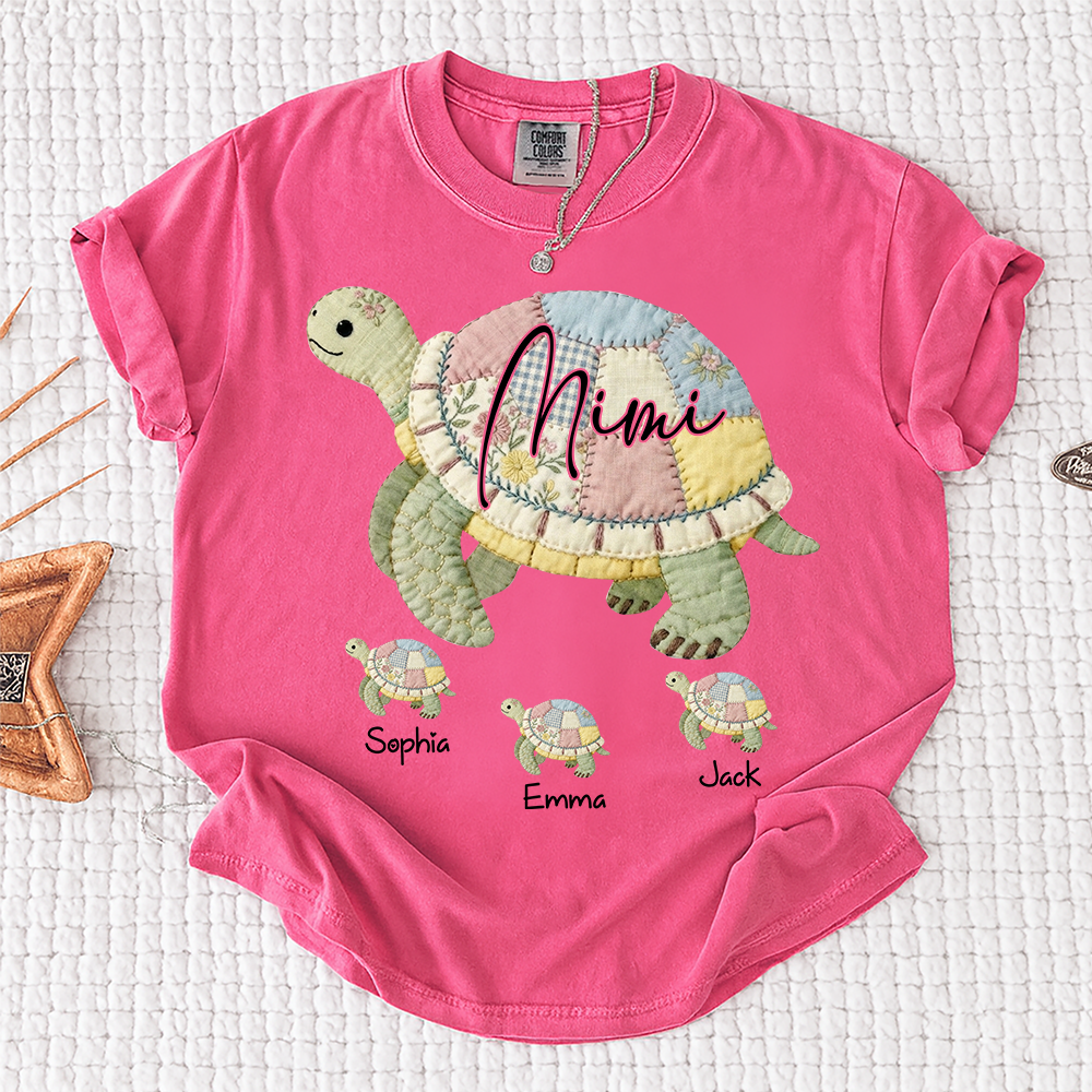 Comfort Colors® Personalized Mimi Patchwork Turtle, Custom Grandkids Names Shirt, Grandma Turtle Family Shirt, Birthday Gift for Mimi Nana Gigi, Mothers Day Shirt