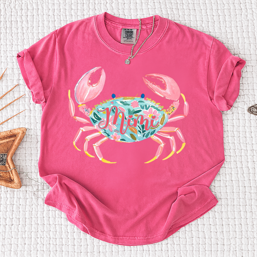 Comfort Colors® Personalized Mimi Crab Shirt, Custom Grandma Beach Shirt, Cute Floral Crab Summer Tee, Ocean Vacation Gift for Mimi Nana Gigi, Birthday Mothers Day Shirt