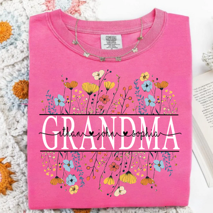 Comfort Colors® Floral Love for Grandma And Grandkids Shirt – Personalized Grandmother T-Shirt with Grandkids' Names – Cute Floral Grandma Gift for Grandma, Mother's Day, Birthday