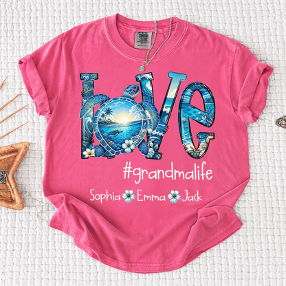 Comfort Colors® Personalized Love grandmalife Sea Turtle Shirt, Custom Family Names Gift for Grandma Shirt, Gift for Mimi Nana Gigi