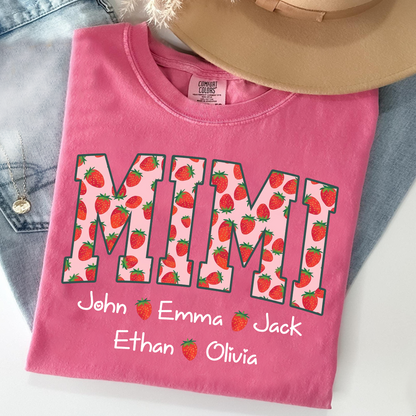Comfort Colors® Personalized Mimi Strawberry Shirt, Custom Grandma Shirt with Grandkids Names, Cute Strawberry Graphic T-Shirt