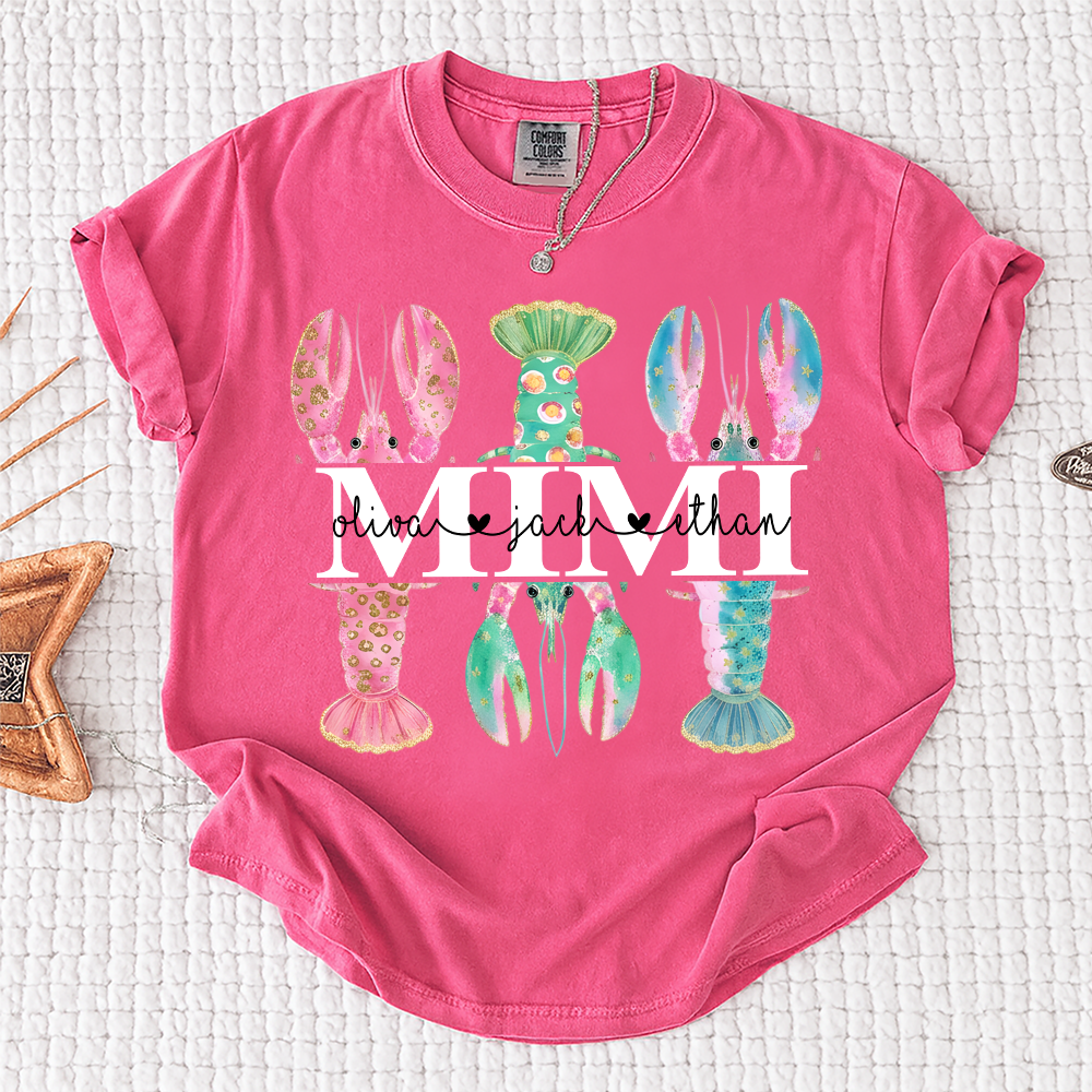Comfort Colors Custom Mimi Lobster Shirt with Grandkids Names, Personalized Grandma Beach Summer T-Shirt Gift for Grandma