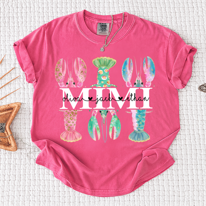 Comfort Colors Custom Mimi Lobster Shirt with Grandkids Names, Personalized Grandma Beach Summer T-Shirt Gift for Grandma