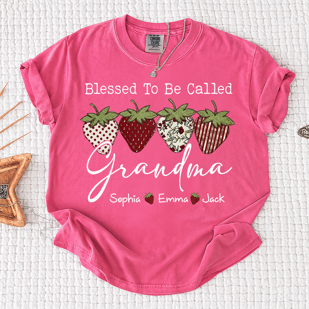 Comfort Colors® Personalized Blessed To Be Called Grandma, Custom Grandkids Names T-Shirt, Strawberry Patchwork Gift T-Shirt