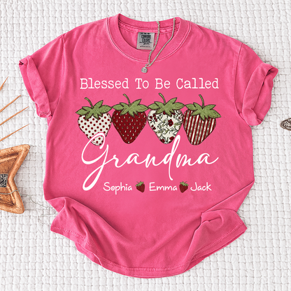 Comfort Colors® Personalized Blessed To Be Called Grandma, Custom Grandkids Names T-Shirt, Strawberry Patchwork Gift T-Shirt