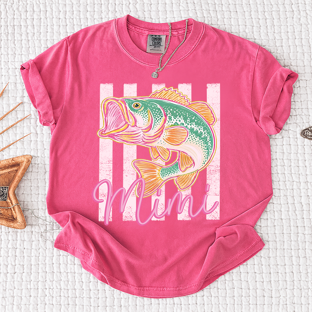 Comfort Colors® Personalized Mimi Fishing Preppy Summer T-Shirt – Trendy Colorful Fish Graphic Tee for Grandma, Beach Vacation, Summer Vibes, Grandma Birthday Shirt