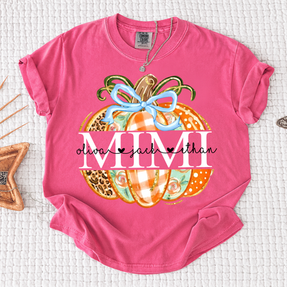 Comfort Colors® Personalized Mimi Pumpkin T-shirt, Autumn shirt for grandma with grandchildren's names, Cute autumn Thanksgiving gift for grandma