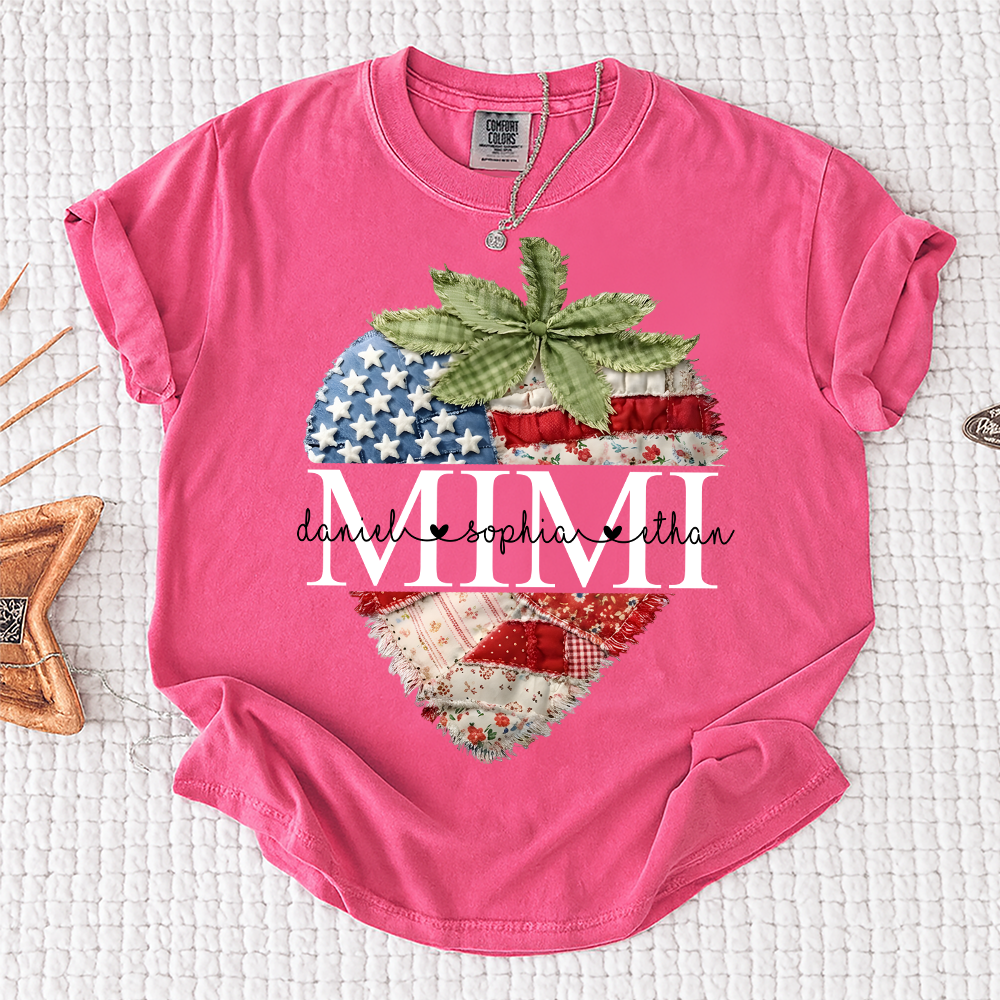 Comfort Colors Mimi Custom Family Tee, Faux Quilted Strawberry 4th of July Grandma T-Shirt, Patriotic American Flag Berry Graphic, Summer Gift for Grandma, Independence Day Shirt