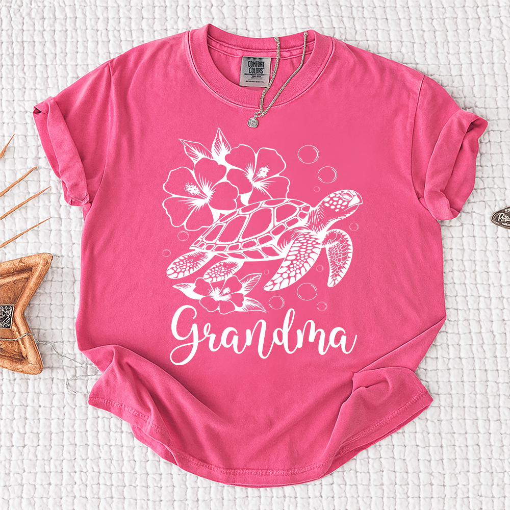 Comfort Colors® Personalized Mimi Hibiscus Sea Turtle Shirt, Cute Sumer , Custom Family Names Gift for Grandma