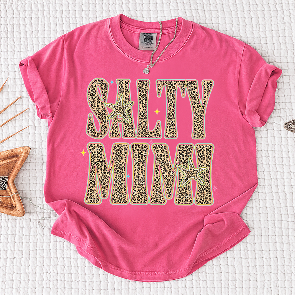 Comfort Colors® Personalized Salty Mimi Leopard Starfish Shirt, Beach Summer Vacation Tee, Funny Coastal Mimi Mom Life Shirt, Gift for Grandma Nana Mimi Women