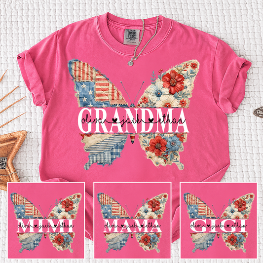 Comfort Colors® Faux Patriotic Butterfly Shirt, Custom Design for Grandma, Colorful Floral & Patriotic USA Flag Butterfly, Gifts for Mother's Day, 4th of July, Birthday